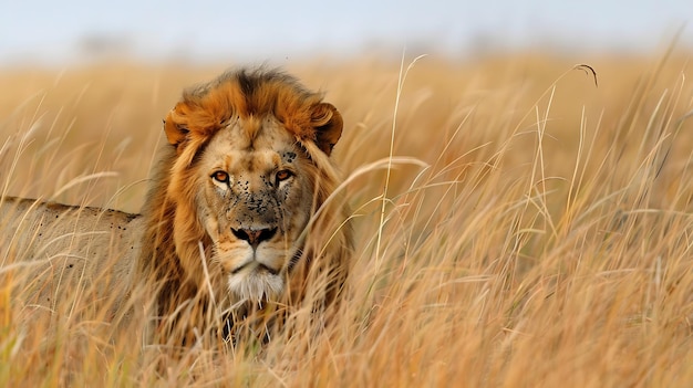 Foto león macho con una melena marrón dorado mirando fijamente a la cámara de pie en un alto campo de hierba amarilla