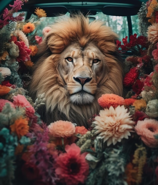 Un león en un macizo de flores.