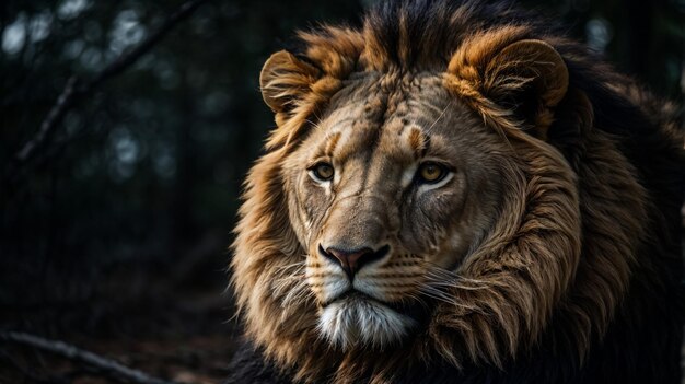 Foto un león majestuoso con un aura oscura y pensativa su pelaje una profunda sombra de medianoche sus ojos brillando con una intensidad de otro mundo