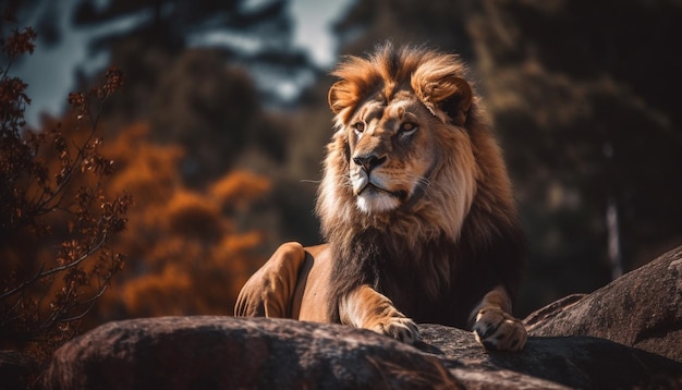 León majestuoso descansando en una tranquila escena salvaje generada por IA