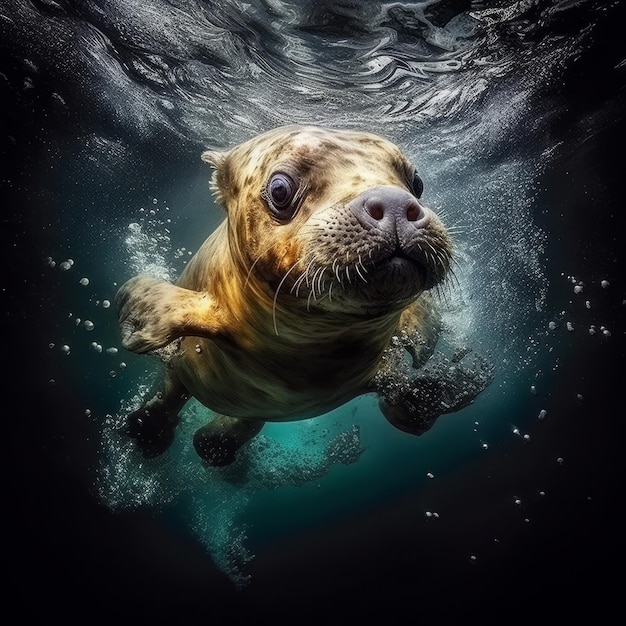 León marino bajo el agua Ilustración AI GenerativexA