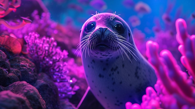 Foto león marino de color neón jugando un océano foto generada por ia