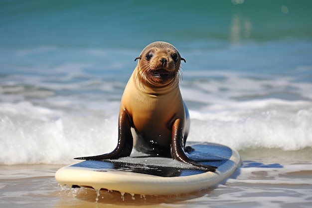 León marino lindo en la tabla de surf