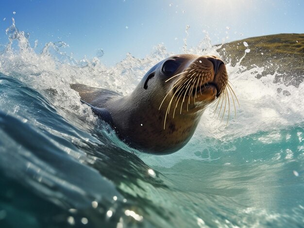 Un león marino nada en el agua con el sol brillando en su rostro.