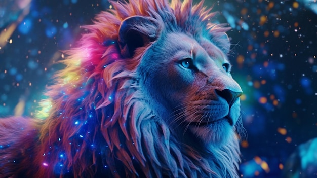 Un león con una melena arco iris y ojos azules IA generativa