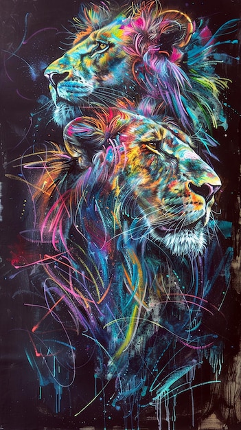 un león con una melena colorida está pintado en colores