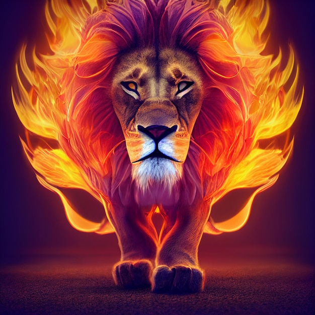 León con melena hecha de fuego ilustración creativa