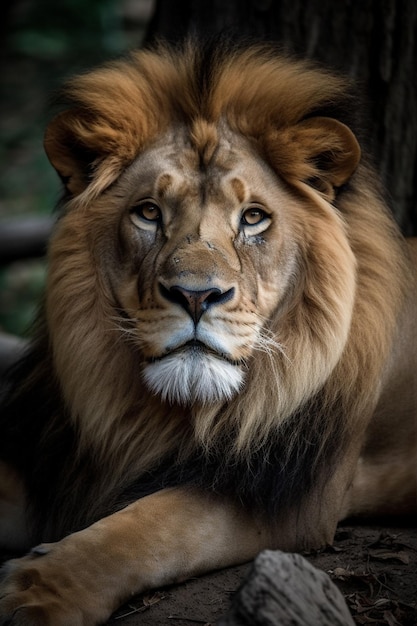 Un león de melena negra y pelaje blanco.