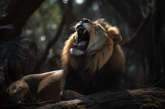 Un león con melena negra se sienta en la rama de un árbol en el bosque.