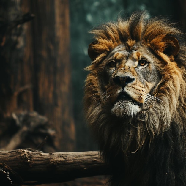 Un león con una melena de pelo en la cabeza.