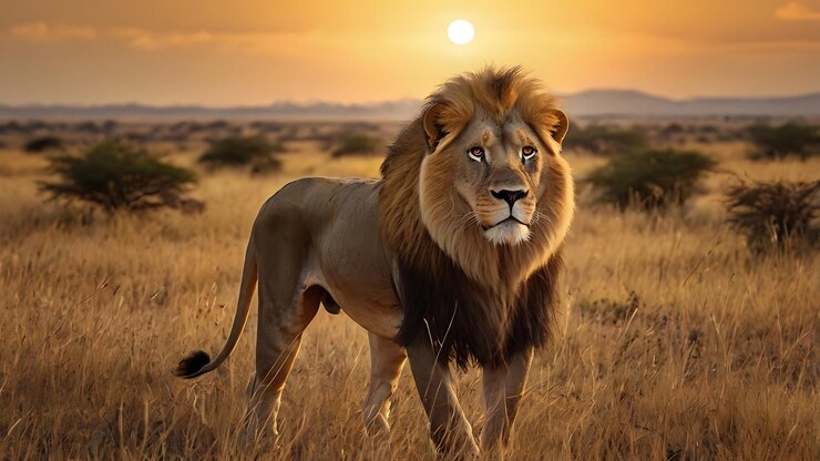 un león con una melena de pie en la hierba con el sol detrás de él