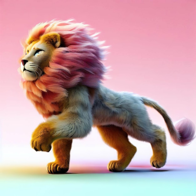 Un león con una melena rosa y una melena rosa.