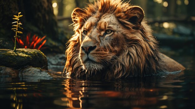 El león mira su reflejo en el agua contra el telón de fondo de la selva