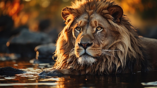 El león mira su reflejo en el agua con el telón de fondo de la selva.