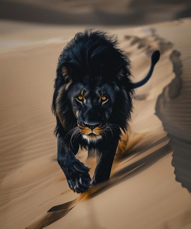 un león negro con una melena negra camina por la arena