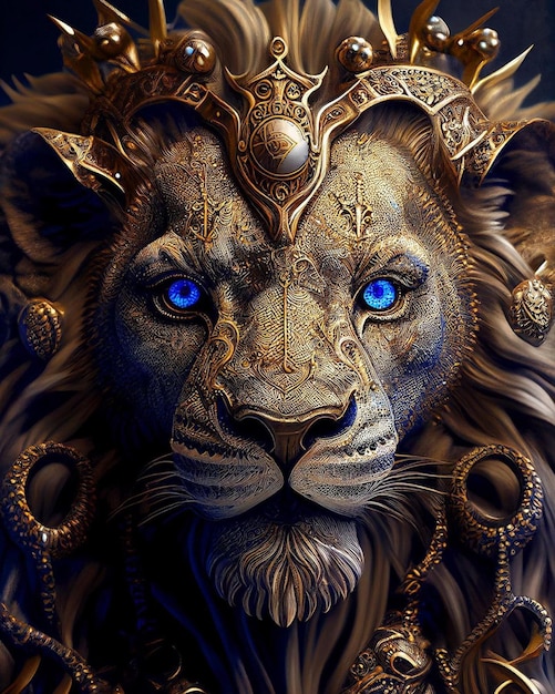 Un león con ojos azules y una corona dorada.