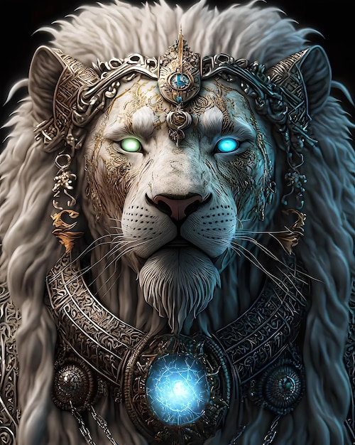 Un león con ojos azules y una corona de oro.