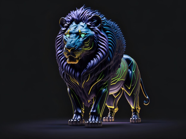 Un león con ojos azules se para frente a un fondo negro.