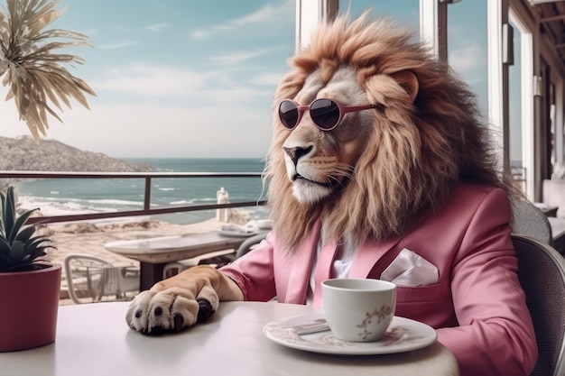 Un león orgulloso con traje rosa y gafas de sol se sienta en un café cerca de la playa con una taza de bebida caliente