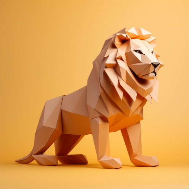 León Origami juguetón escultura de papel minimalista en 3D sobre un fondo naranja