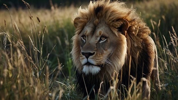 un león con un parche blanco en su cara está de pie en la hierba