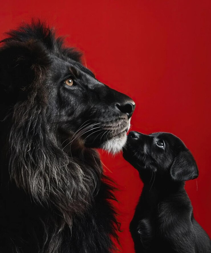 un león y un perro están frente a un fondo rojo