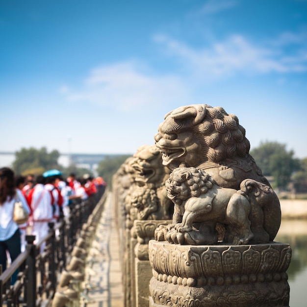 León de piedra antiguo en el puente de marco polo en beijingChina