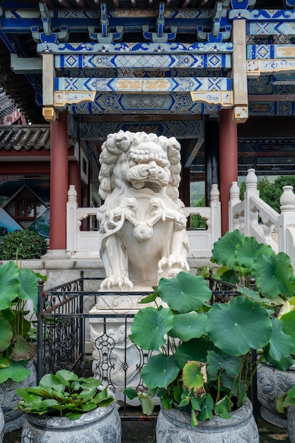 León de piedra de la puerta del edificio de estilo chino