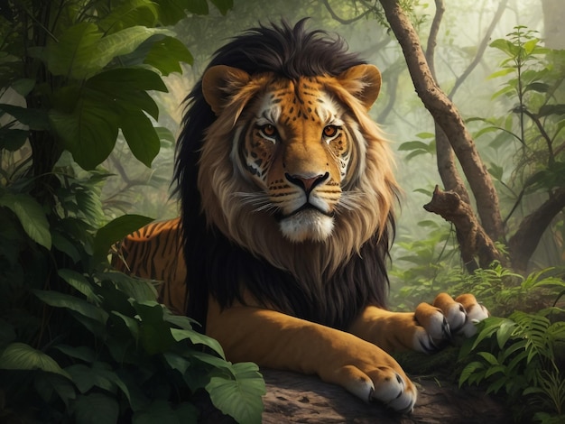 León de pintura digital en la selva