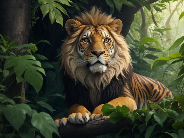 León de pintura digital en la selva