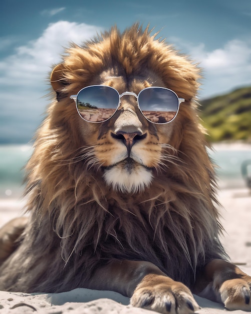 León en la playa con gafas de sol