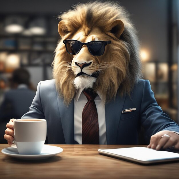 León real con gafas, trajes, teléfono móvil, portátil, tableta, bebiendo un vaso de café.