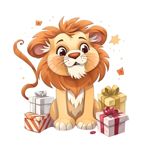 León con regalos Animal de dibujos animados lindo Ilustración vectorial