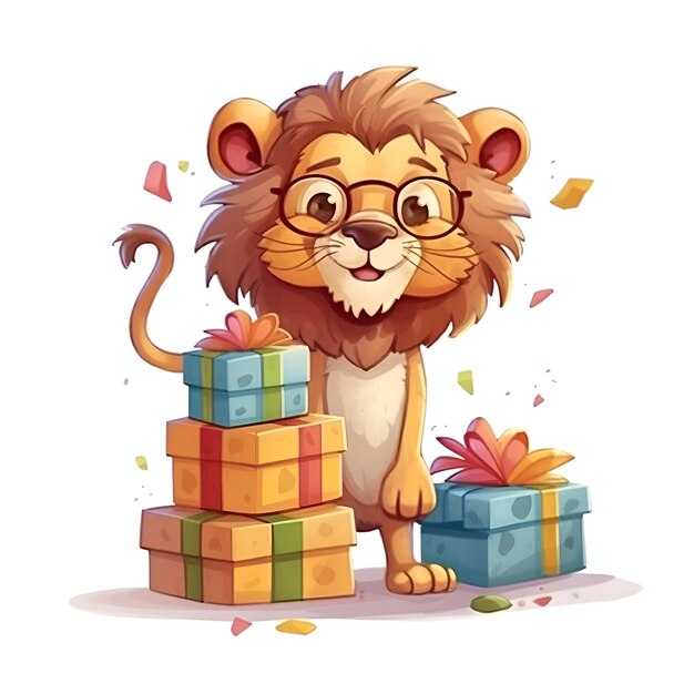 León con regalos Animales de dibujos animados lindos Ilustración vectorial