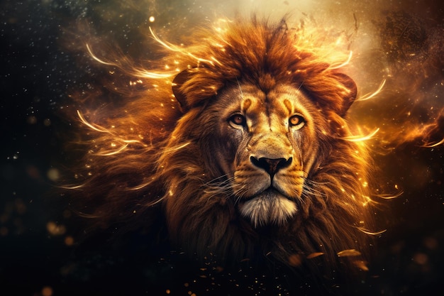 León rey animal de la naturaleza con fondo dorado oscuro Generativo Ai