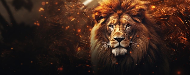 León rey animal de la naturaleza con fondo dorado oscuro panorama de la naturaleza Ai generativo