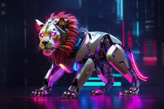 El león robótico de neón futurista del gato cibernético