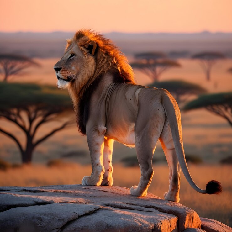 un león en una roca con una puesta de sol en el fondo