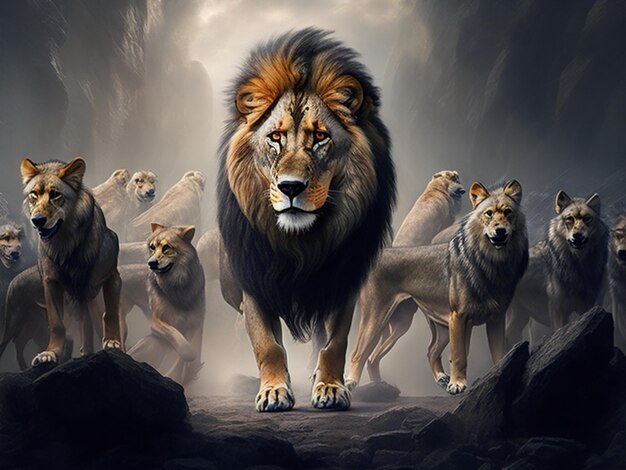 Un león rodeado por una manada
