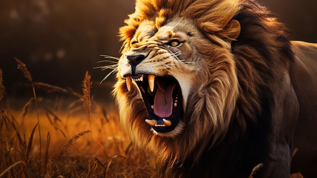 el león rugiendo en el prado