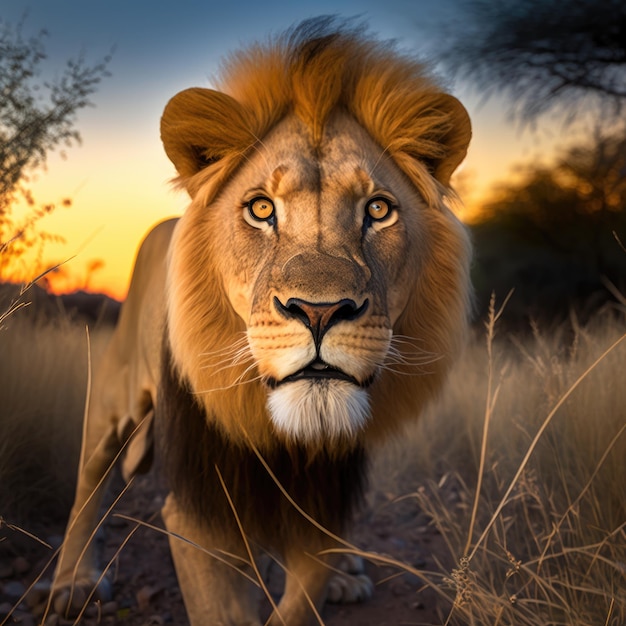 Un león salvaje está mirando a la cámara.