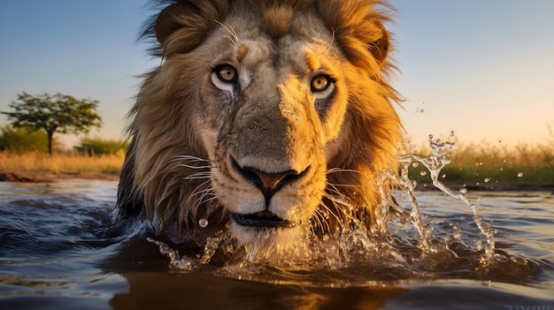 Un león sediento está en el agua.