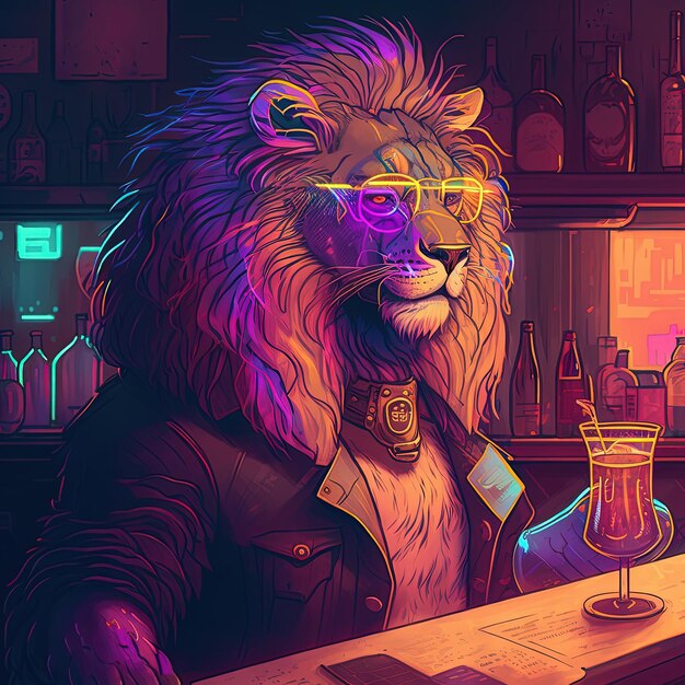 León sentado en el bar con una copa de cóctel Concepto de vida nocturna IA generativa