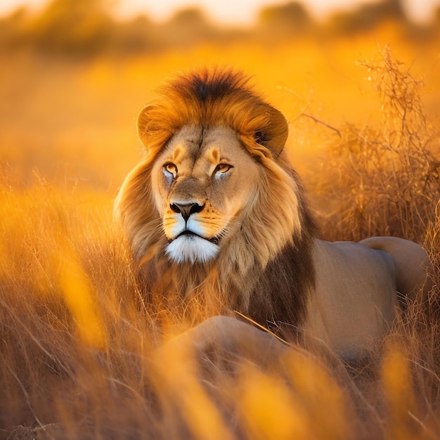 Foto un león sentado en el fondo del atardecer