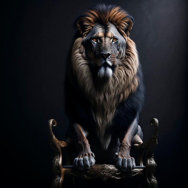 Foto un león está sentado en una silla de fondo negro.