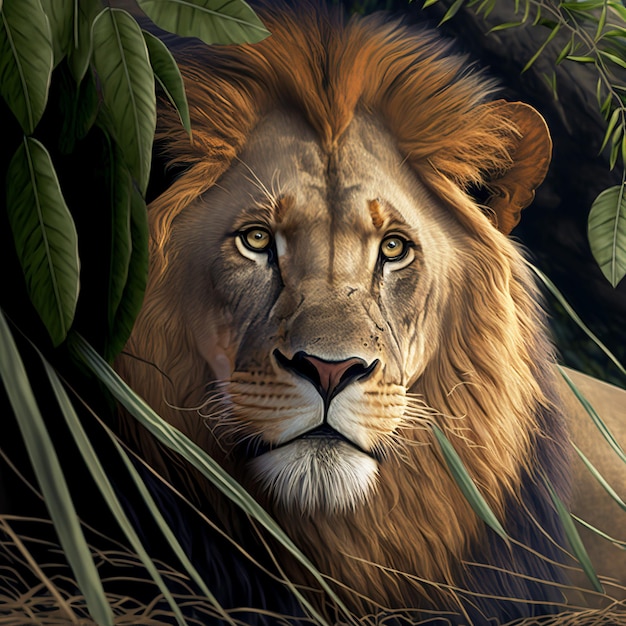 Un león se sienta en el bosque y mira a la cámara.