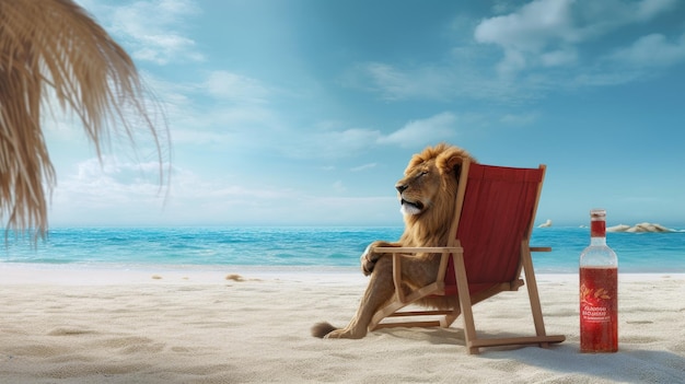 Un león se sienta en una silla en la playa.