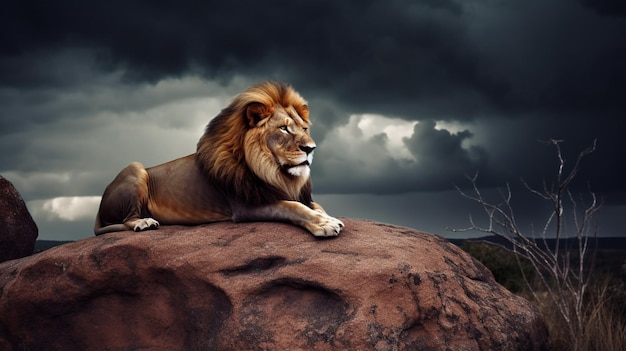 León sobre una roca con un fondo de cielo oscuro