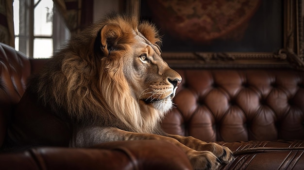 Un león en un sofá de cuero mirando a la cámara.