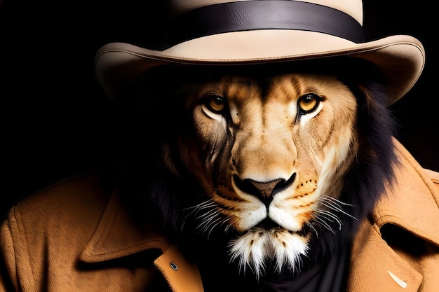 Un león con sombrero y abrigo.